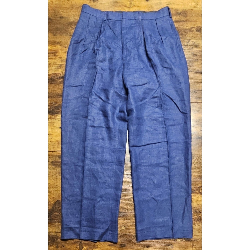 Polo Ralph Lauren Mens Blue Pleated Linen Trousers Pants Made in USA 33x31